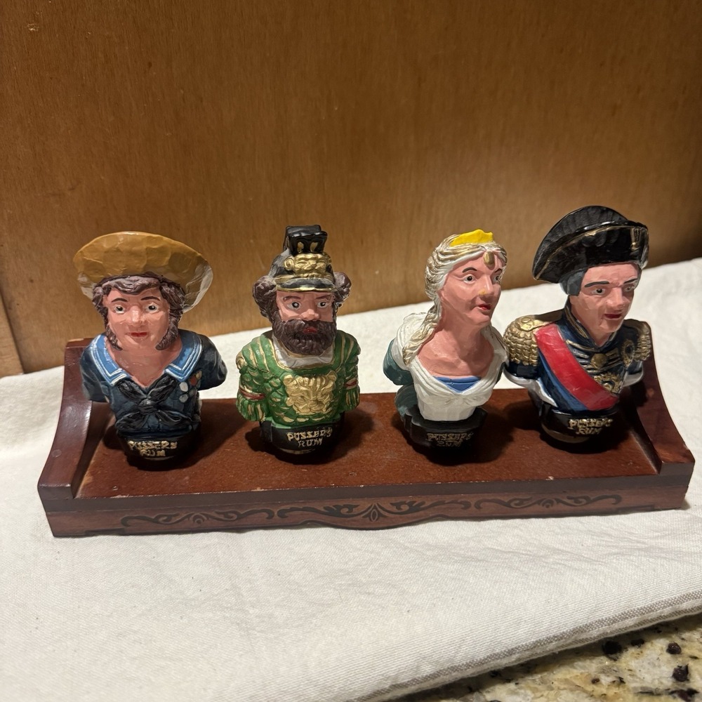 4 RARE Vintage Pusser's Rum Figural British Royal Navy Cork Stoppers in Stand
